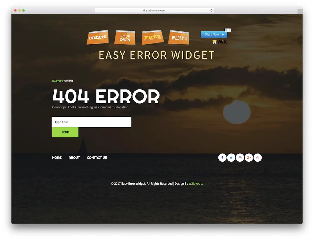 Modèle de page d'erreur 404 gratuit avec widget d'erreur facile