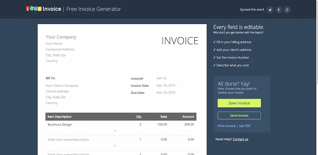 Générateur de factures gratuit en ligne Zoho Invoice