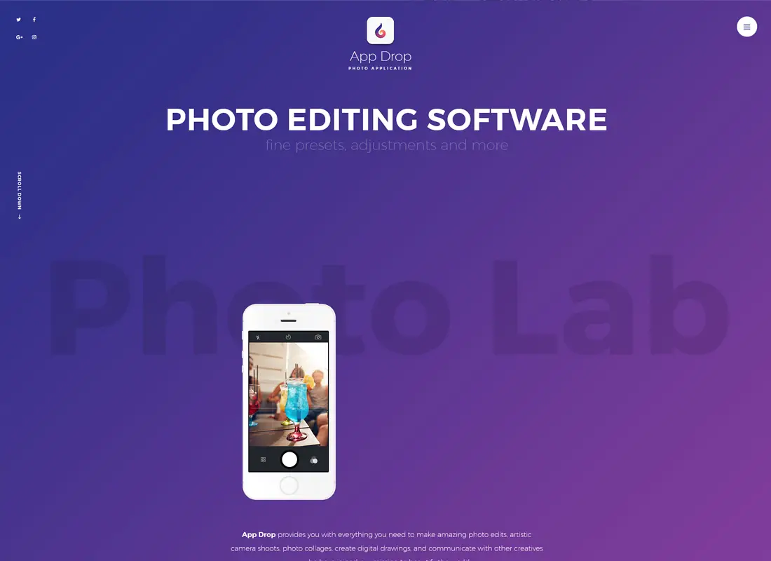 App Drop | Page d'atterrissage pour le thème de WordPress d'application mobile pour l'édition de photos