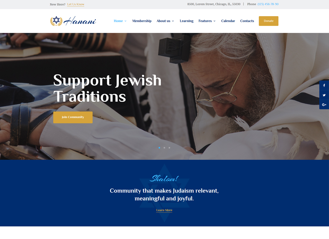 Hanani - Thème WordPress pour communauté et synagogue juive