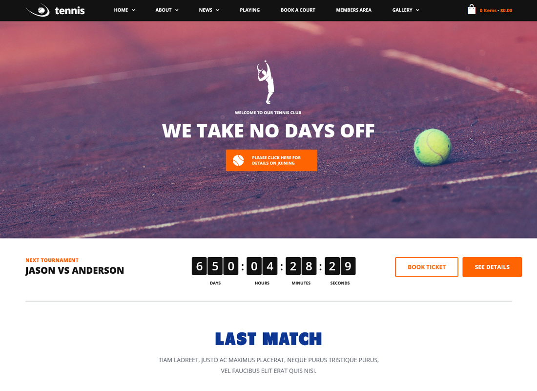 Tennis Today - Thème WordPress pour écoles de sport et événements