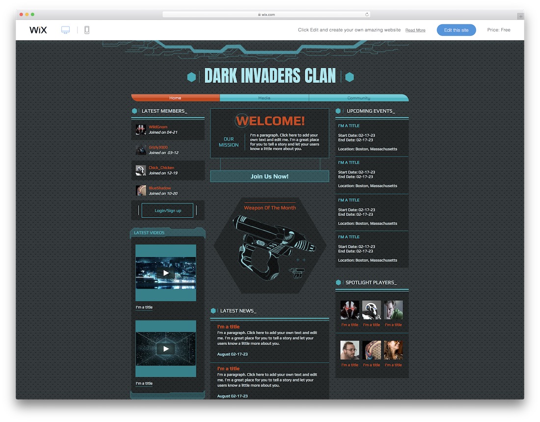 modèle de site Web de clan wix
