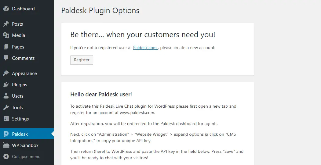 Les options du plugin Paldesk.