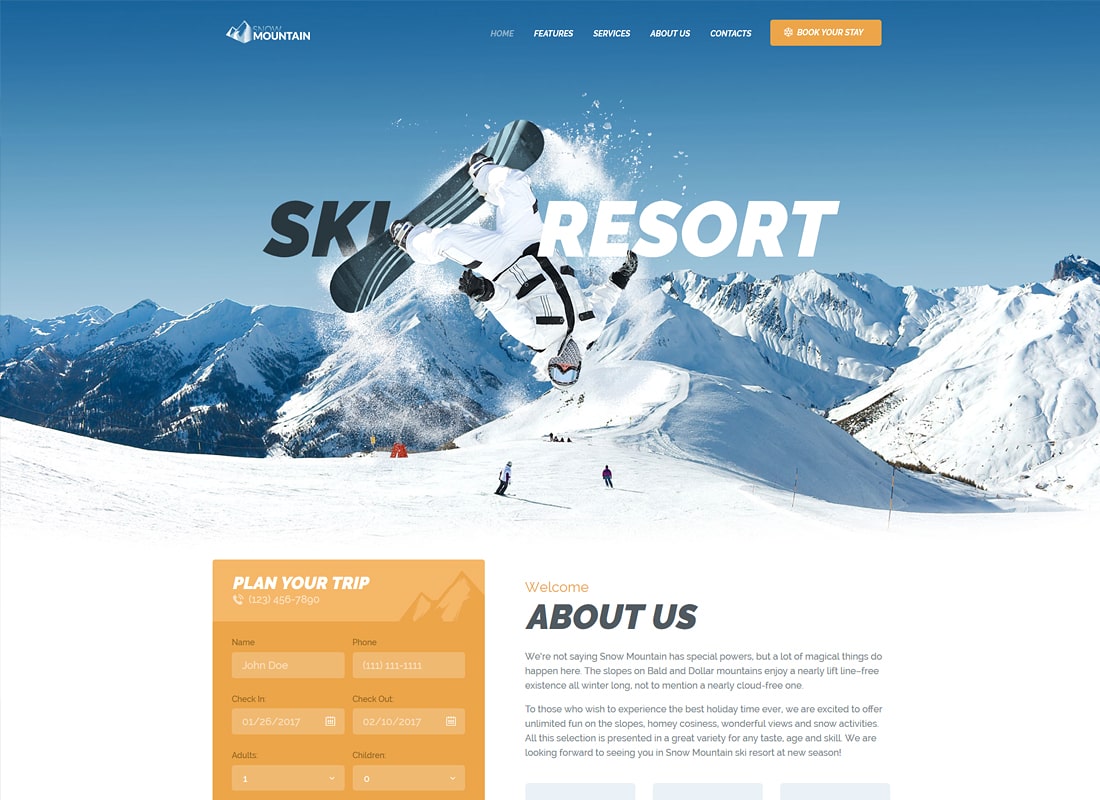 Montagne de neige | Thème WordPress pour station de ski et école de snowboard