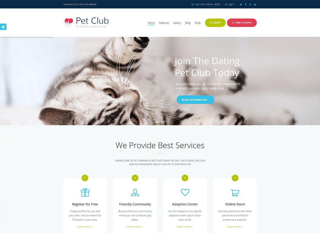Pet Club | Thème WordPress Services, Adoption, Rencontres et communauté
