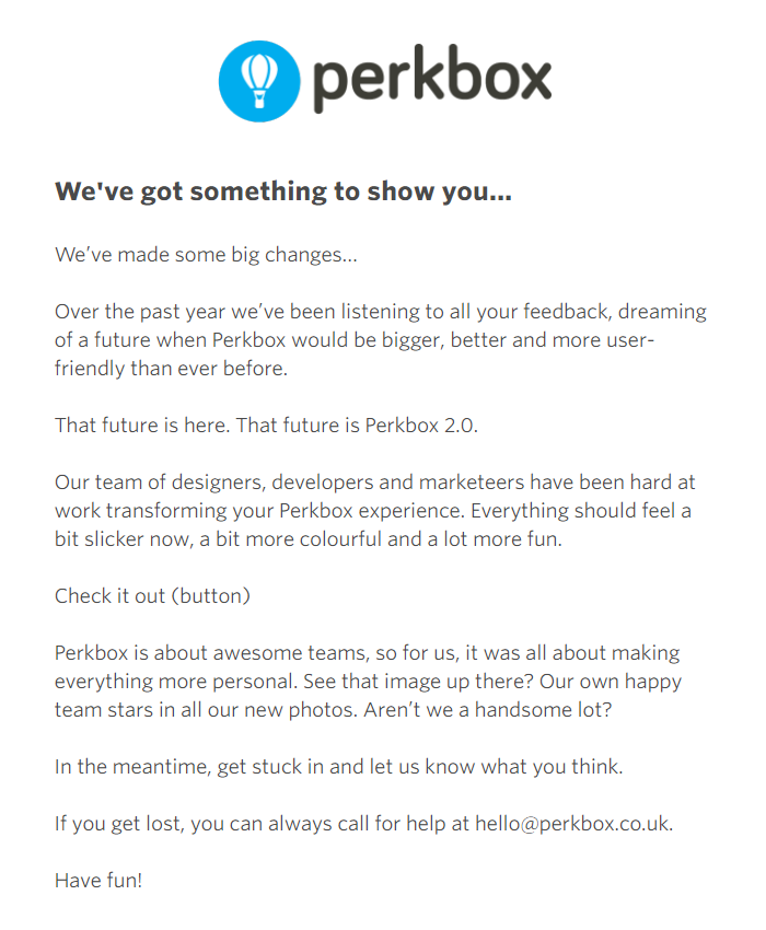 Un exemple d'e-mail promotionnel de Perkbox concernant l'annonce de nouvelles fonctionnalités