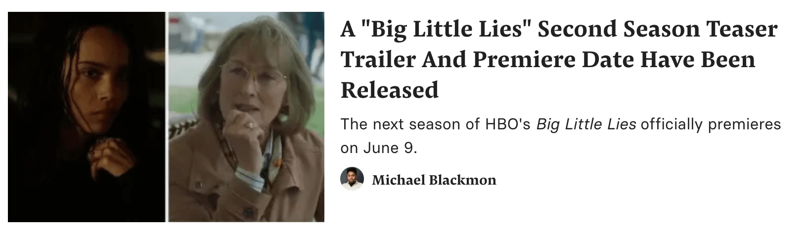Un article de Buzzfeed sur la nouvelle bande-annonce et la date de sortie de Big Little Lies.