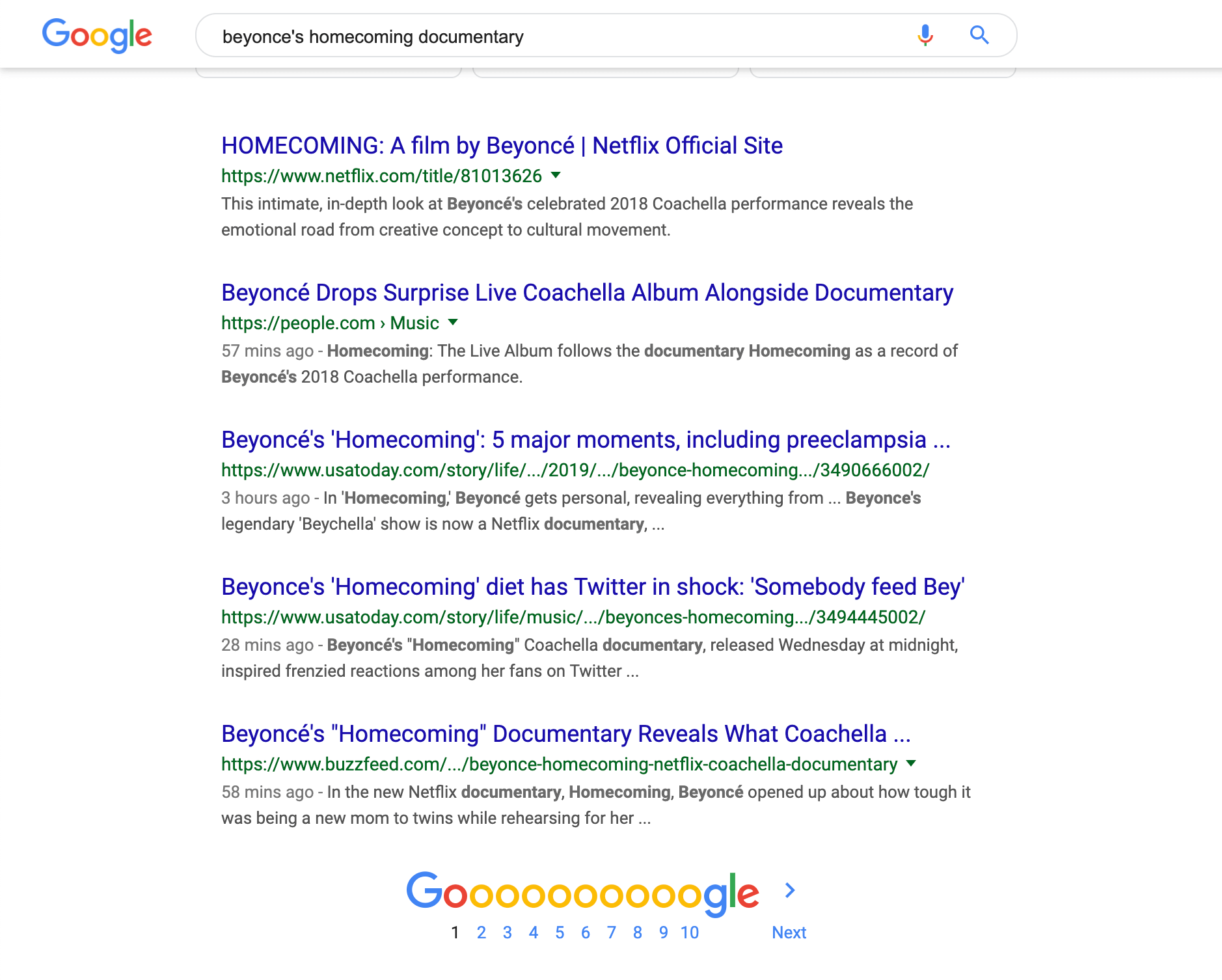 La page de résultats Google pour la recherche 