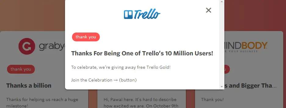 Un message de remerciement de Trello, y compris un cadeau.
