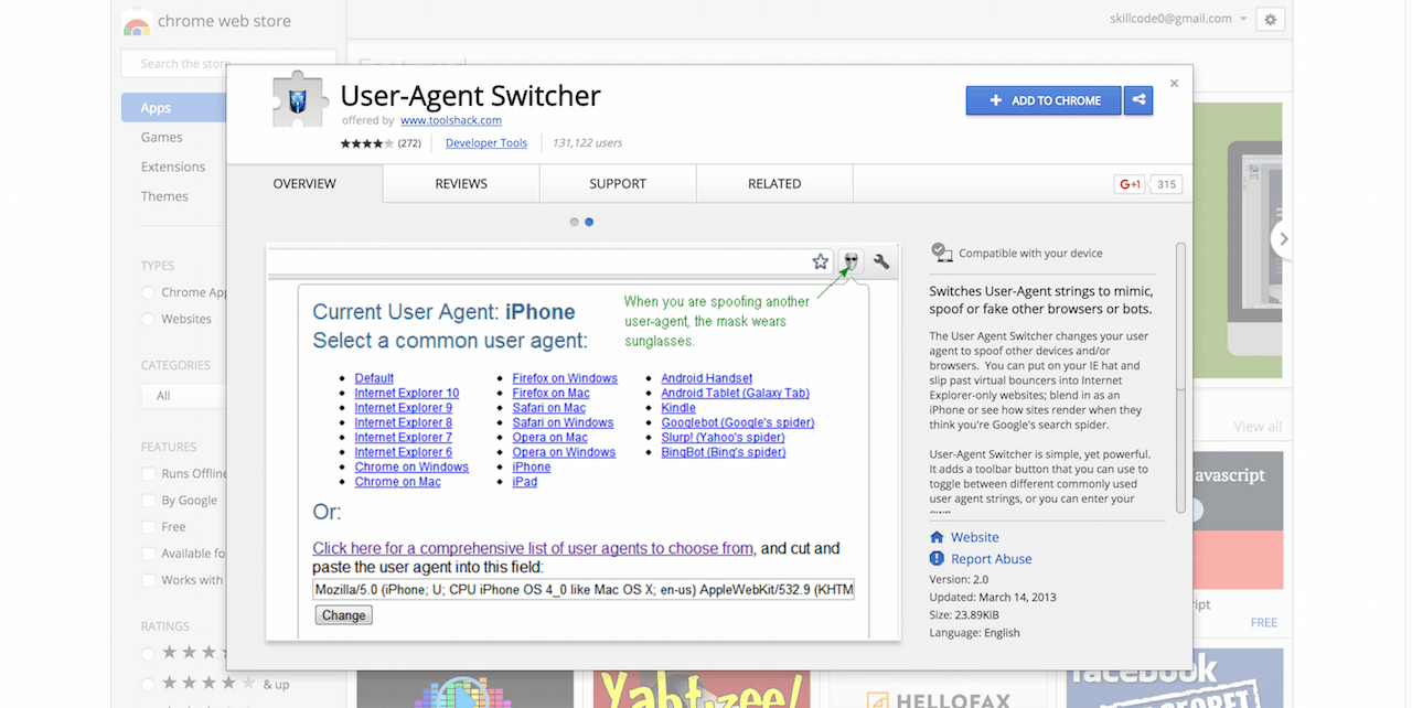 Magasin Web Chrome de commutateur d'agent d'utilisateur