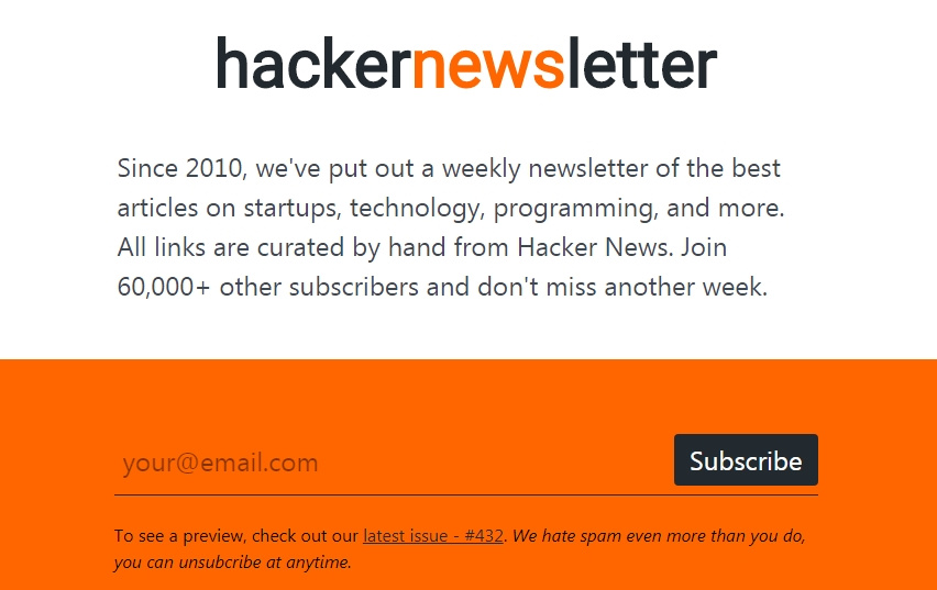 la page d'inscription à la newsletter hackernews