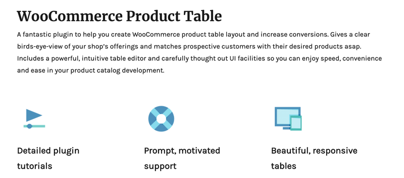 La page d'accueil du plugin WooCommerce Product Table.