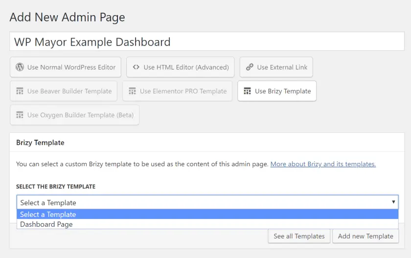 Modèle WP Admin Pages pour Brizy