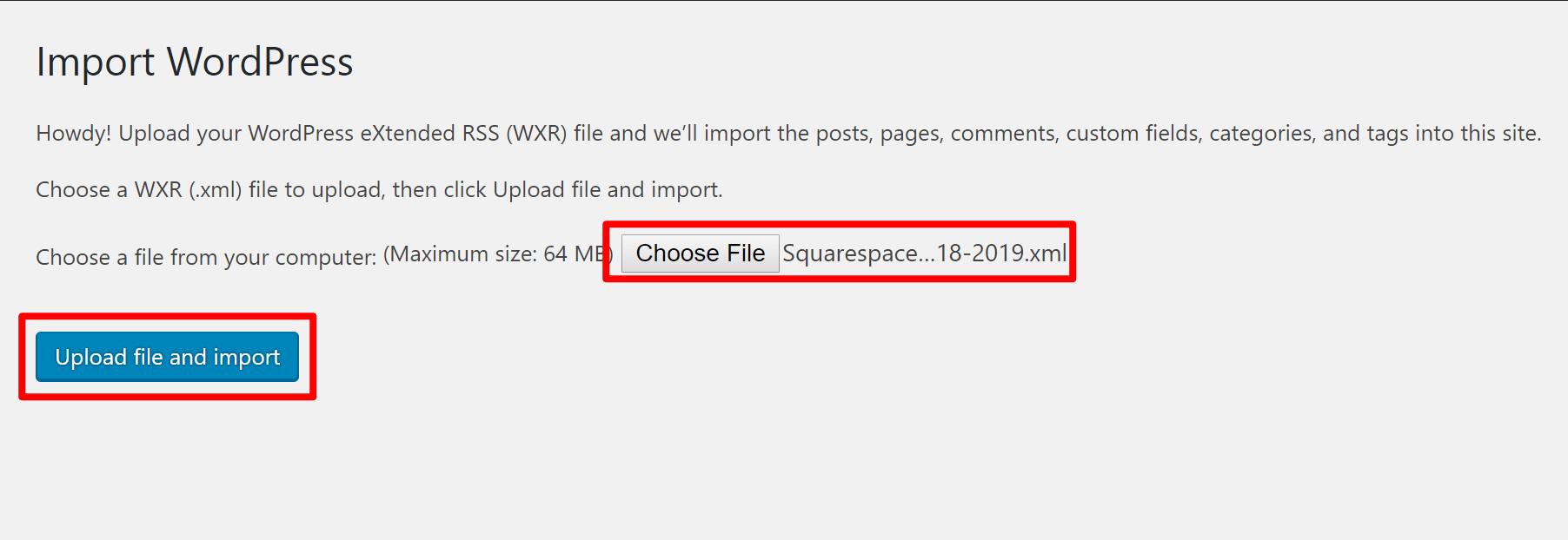 Choisissez le fichier d'exportation Squarespace pour WordPress
