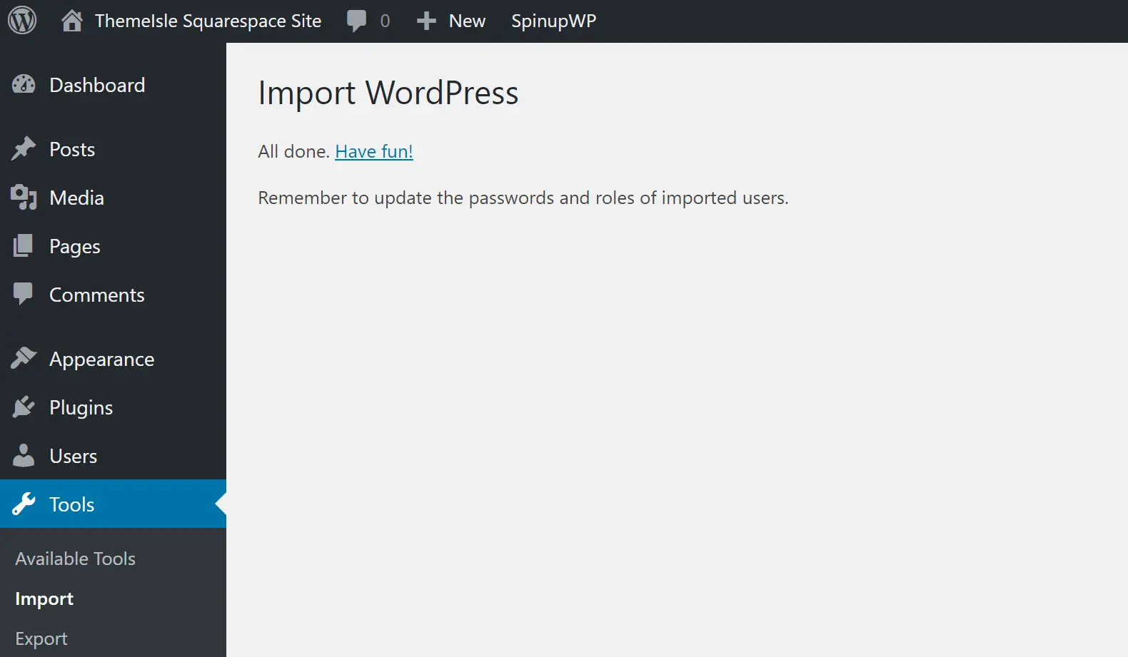 Import WordPress depuis Squarespace