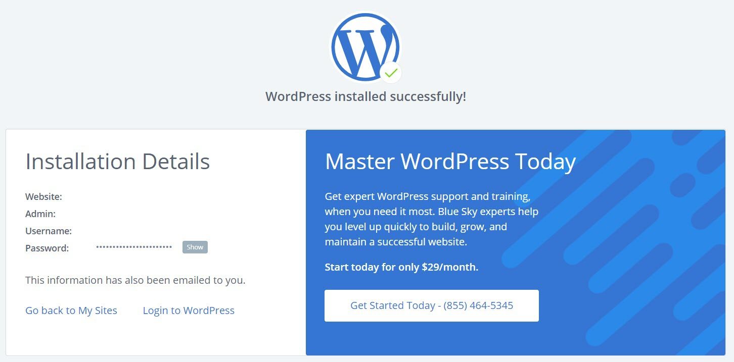 Les détails d'installation de WordPress sur Bluehost