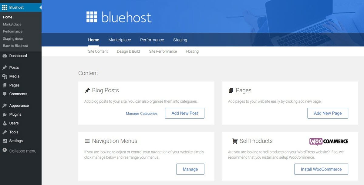 La zone Bluehost dans votre tableau de bord WordPress