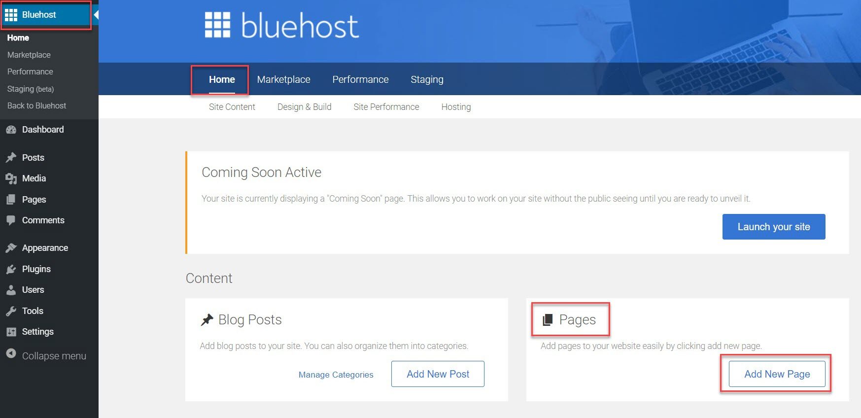 La zone des pages Bluehost après l'installation de WordPress