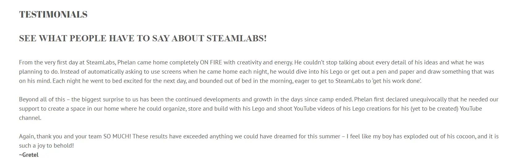 Témoignages sur le site Steamlabs