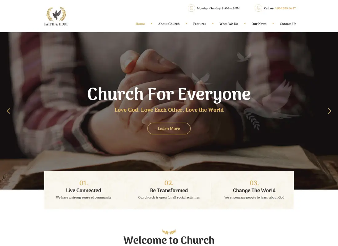 Foi et espoir | Un thème WordPress pour une église et une religion modernes