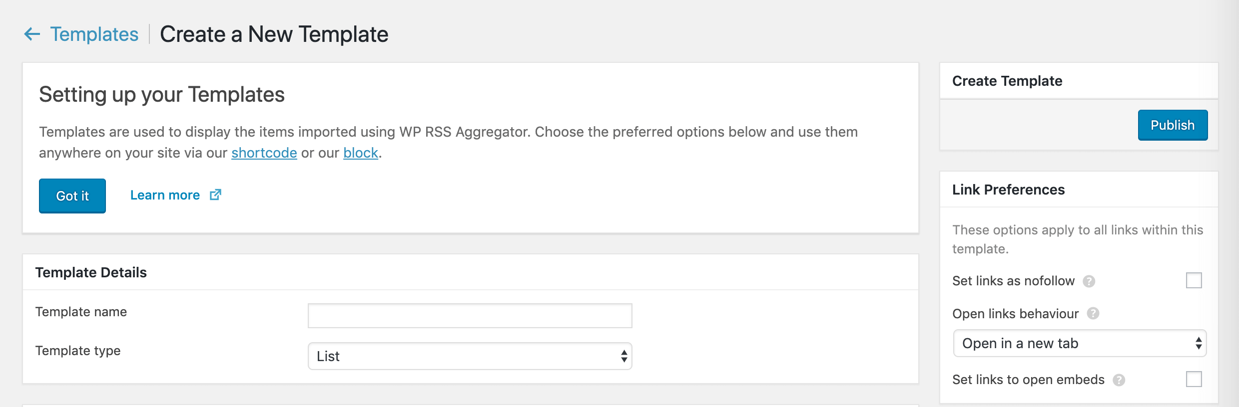 Configuration d’un nouveau modèle WP RSS Aggregator.