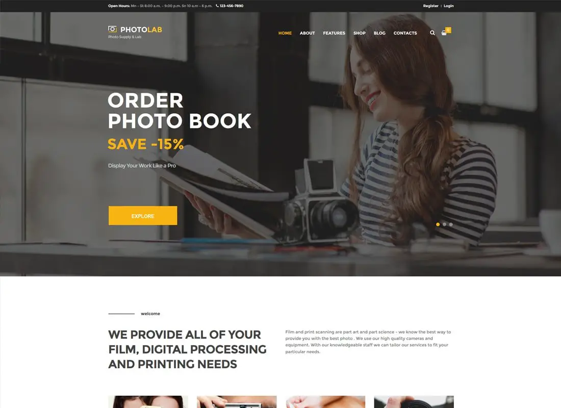 PhotoLab | Thème WordPress pour une société photo branchée et un magasin de fournitures pour photos