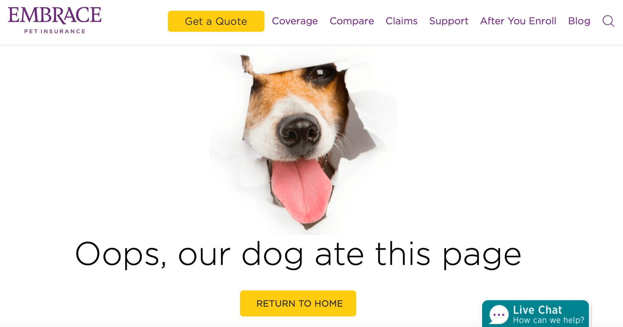 La page d'erreur Embrace Pet Insurance 404.