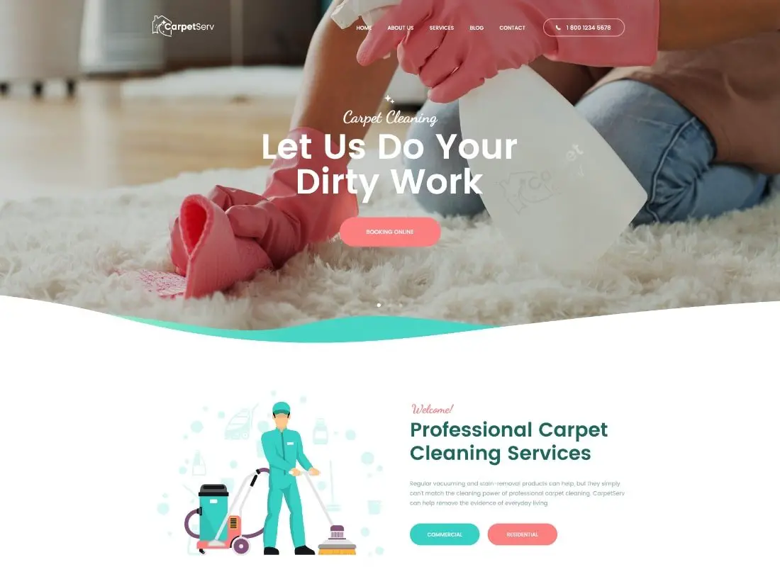CarpetServ | Modèle PSD pour entreprise de nettoyage, Services d'entretien ménager et de conciergerie