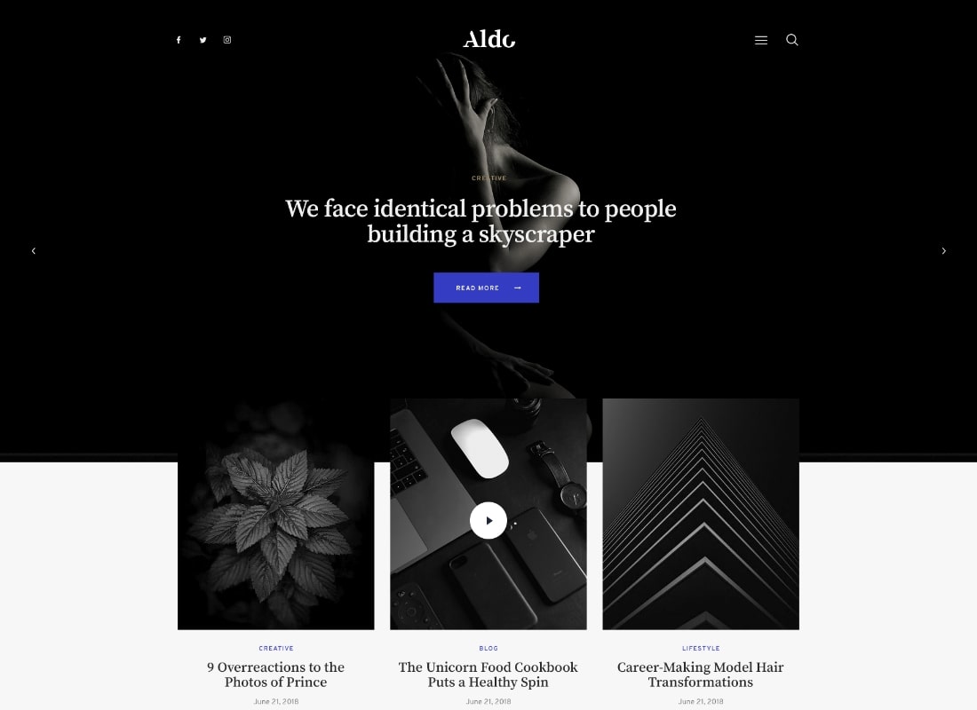 Aldo | Thème WordPress du blog Gutenberg en noir et blanc