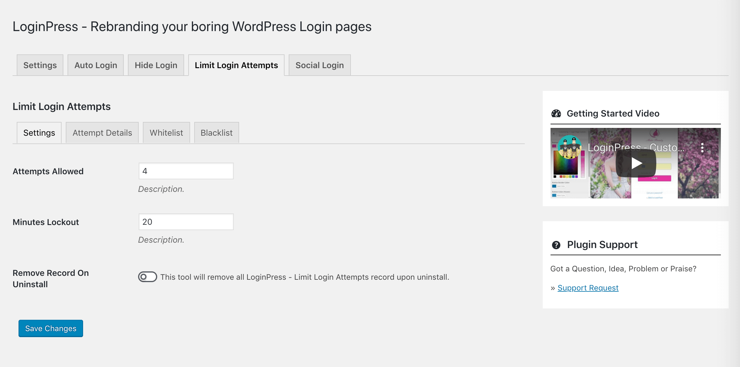 Spécifier la limite de tentatives de connexion et la durée de verrouillage dans LoginPress.