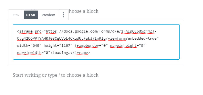 Ajouter le code intégré à Google Form dans WordPress