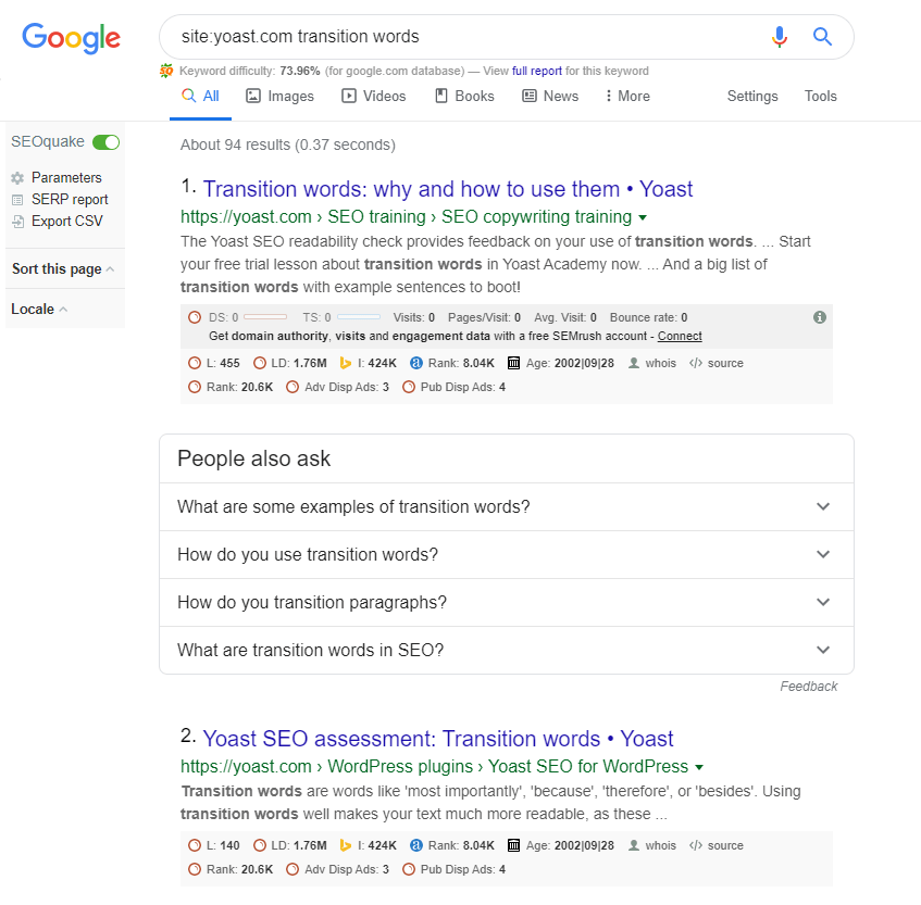 Une recherche sur Google pour les messages de Yoast sur les mots de transition.