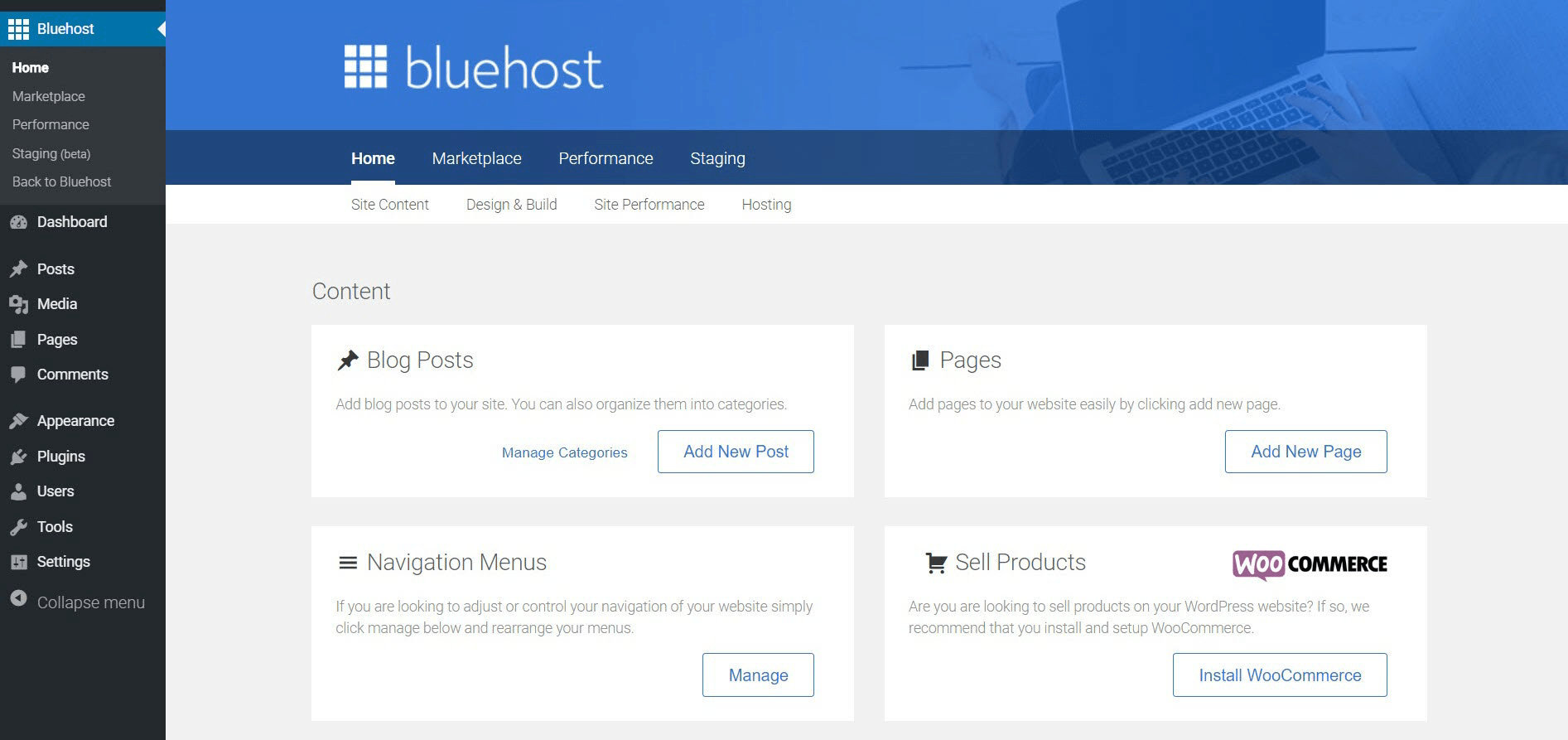 Bluehost vs Hostinger - Menu Bluehost