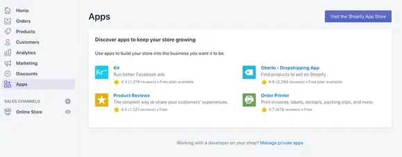 La page d'administration de Shopify Apps.