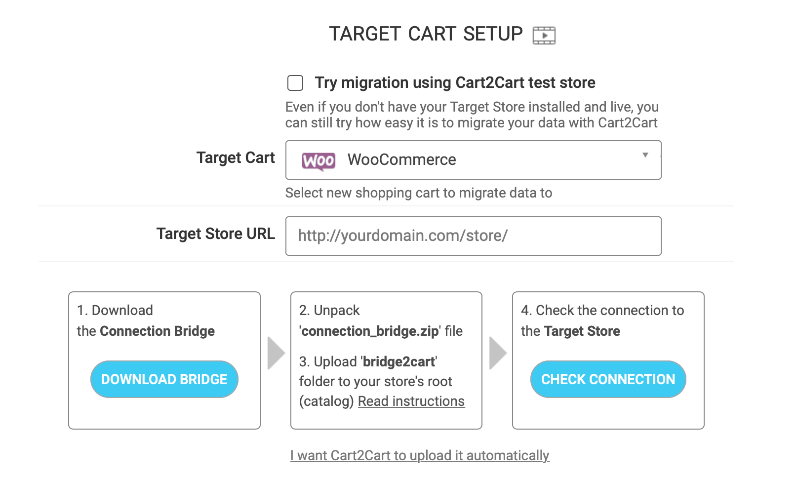 L'écran de saisie Cart2Cart Target Cart Setup pour migrer Shopify vers WooCommerce