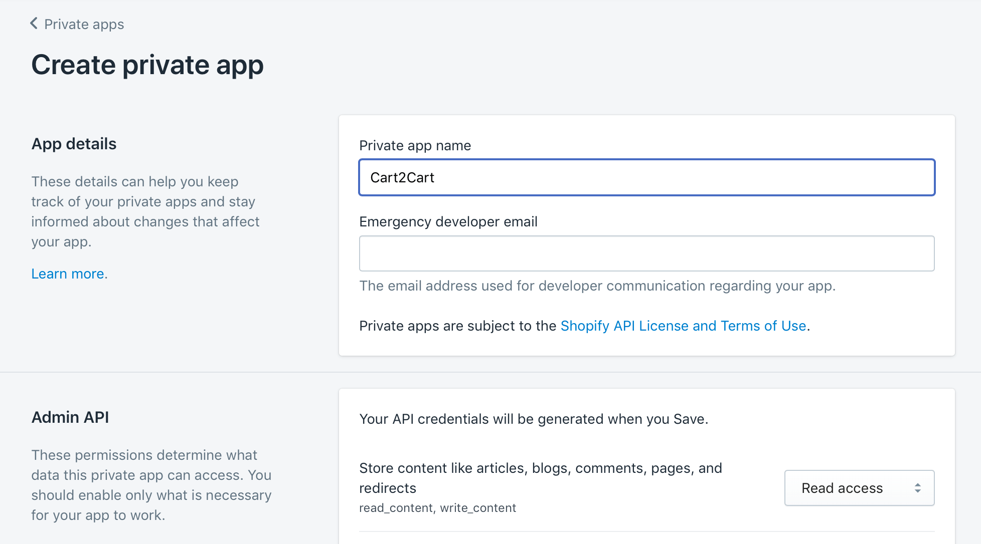 Les paramètres de l'application privée Shopify. 