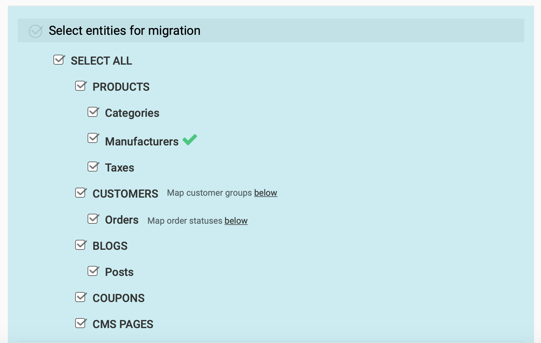Une liste d'entités à migrer dans Cart2Cart.
