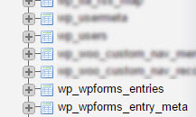 Les tables wp_wpforms_entries et wp_wpforms_entry_meta affichées dans la liste phpMyAdmin