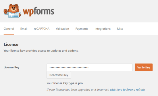 Saisie de votre clé de licence pour WPForms