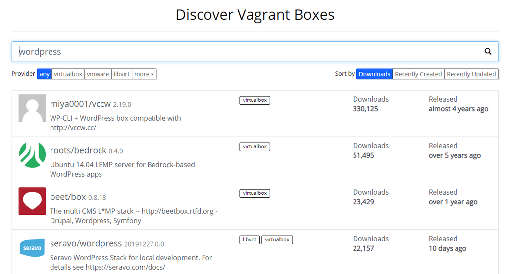 Quelques exemples de boîtes WordPress Vagrant.