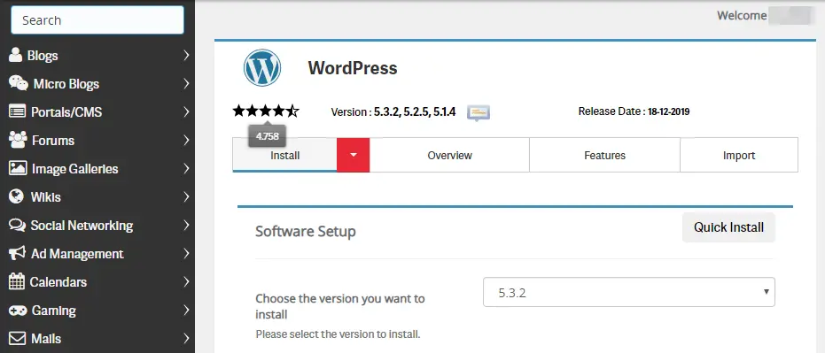 Utilisation du programme d'installation de Softaculous pour configurer WordPress.
