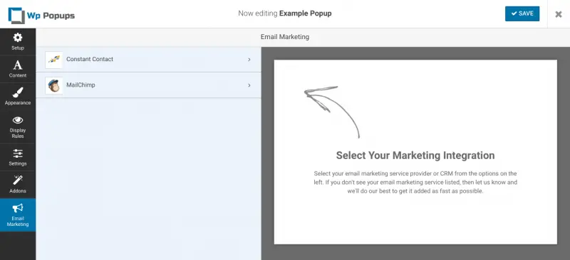 La page Email Marketing du plugin WP Popups Pro.