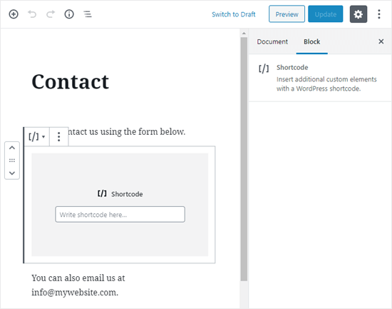 La page de contact convertie avec un bloc Shortcode vierge