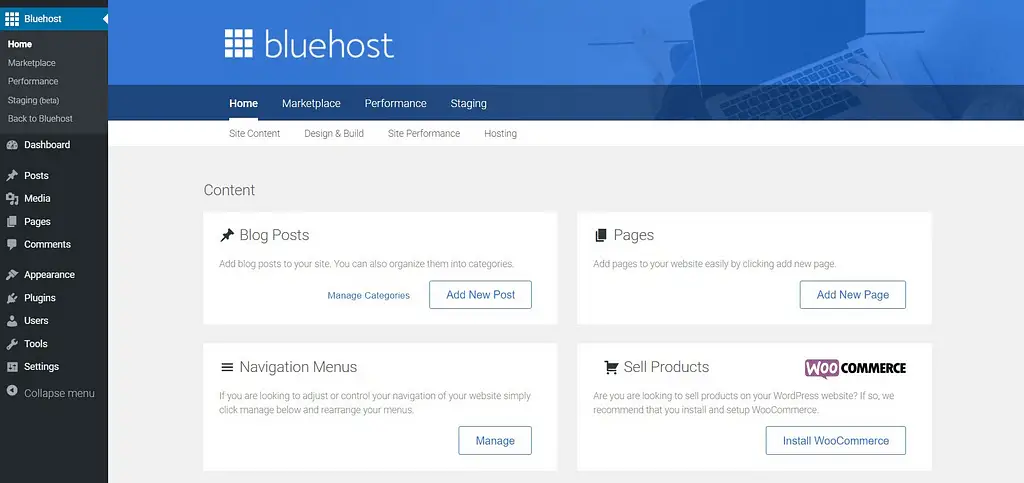Menu WordPress Bluehost