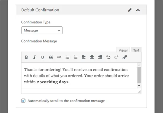 Personnalisation du message de confirmation que votre client verra sur son écran