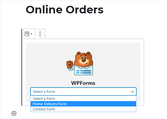Sélection de votre bon de commande en ligne dans la liste déroulante WPForms