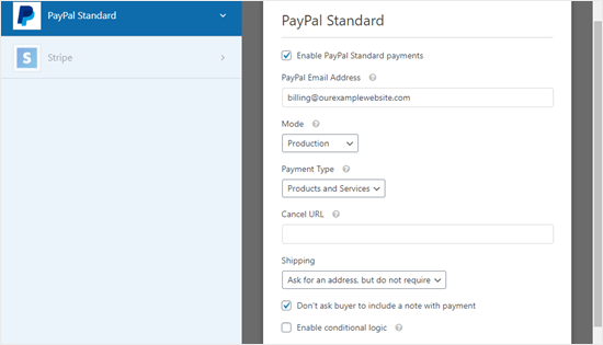 La page des paramètres de paiement PayPal pour votre formulaire