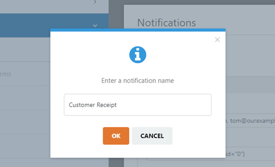 Saisie d'un nom pour la notification qui sera envoyée au client