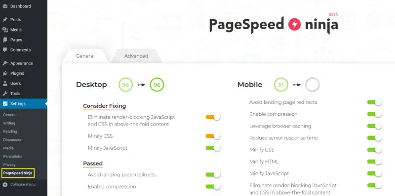 La page du plugin PageSpeed ​​Ninja sur le tableau de bord WordPress.