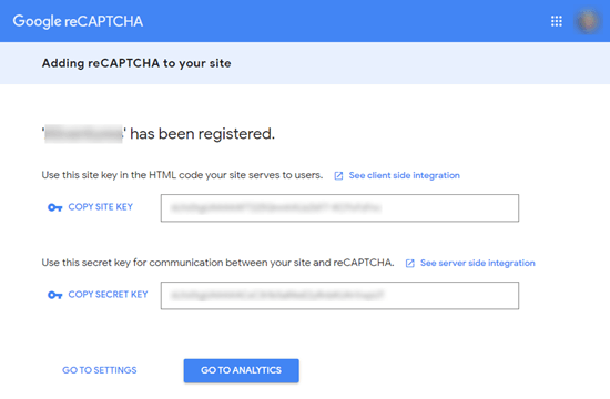 Clé de votre site et clé secrète de Google reCAPTCHA